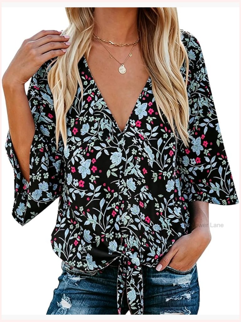 Boho 3/4 Sleeve V Neck Tie Front Blouse Floral Casual Summer Top